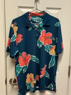 Chubbies SZ M Navy The Floral Reef Polo Performance Golf Tropical Shirt